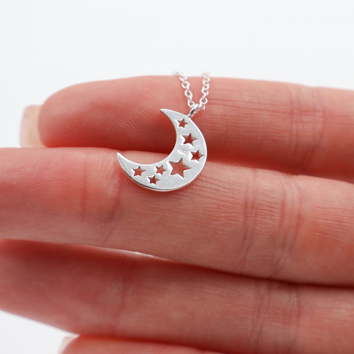 925 Sterling Silver Necklace with Crescent Moon and Star Cut-Out Pendant