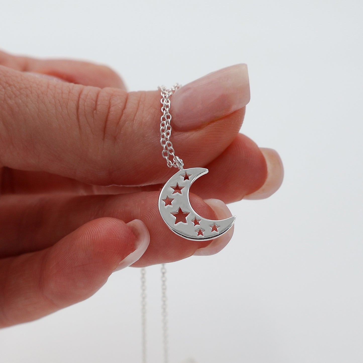 925 Sterling Silver Necklace with Crescent Moon and Star Cut-Out Pendant