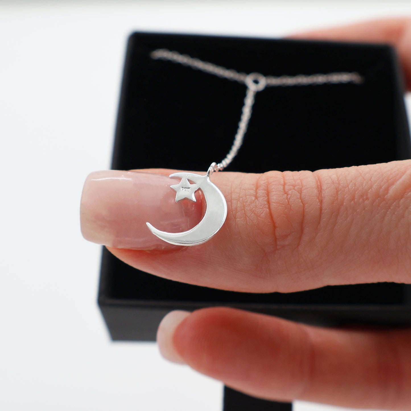 925 Sterling Silver Necklace with Extension Chain, Crescent Moon and Star Pendant