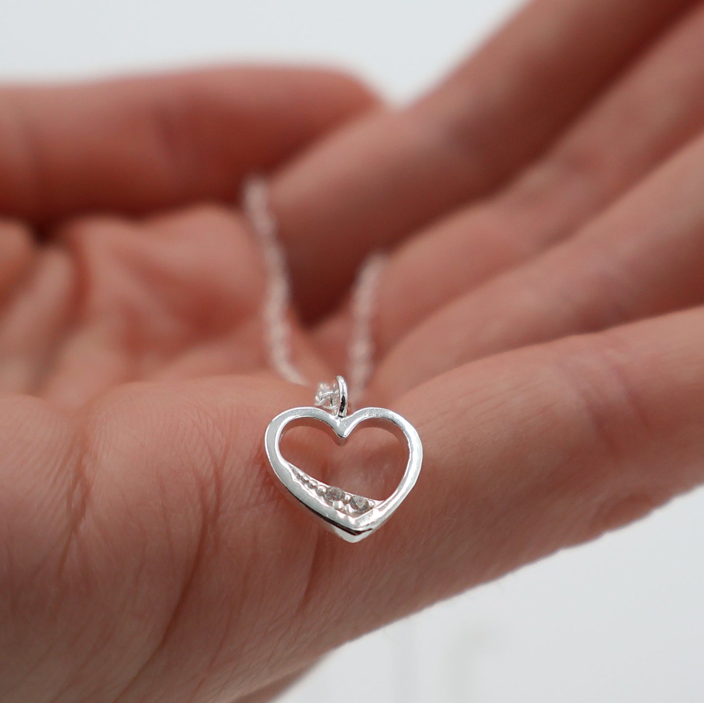 925 Sterling Silver Necklace with Hollow Heart Pendant and Sparkling Zirconia