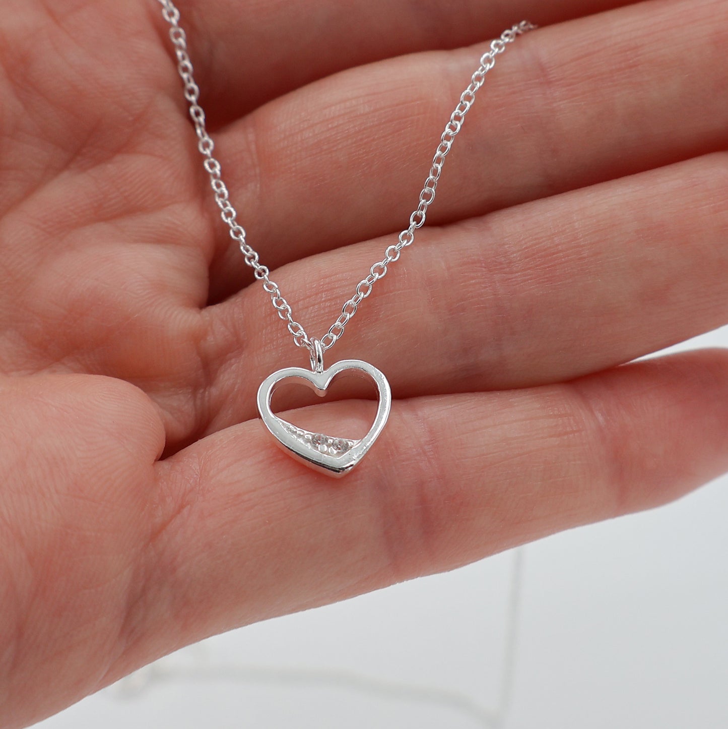 925 Sterling Silver Necklace with Hollow Heart Pendant and Sparkling Zirconia