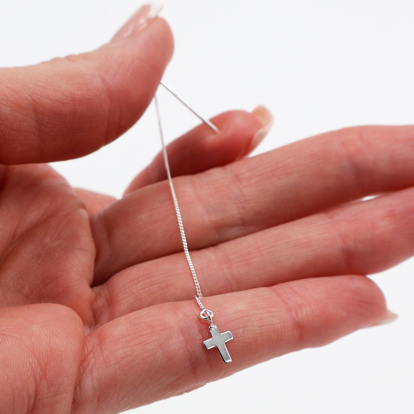 925 Sterling Silver Threader Earrings with Cross Charm