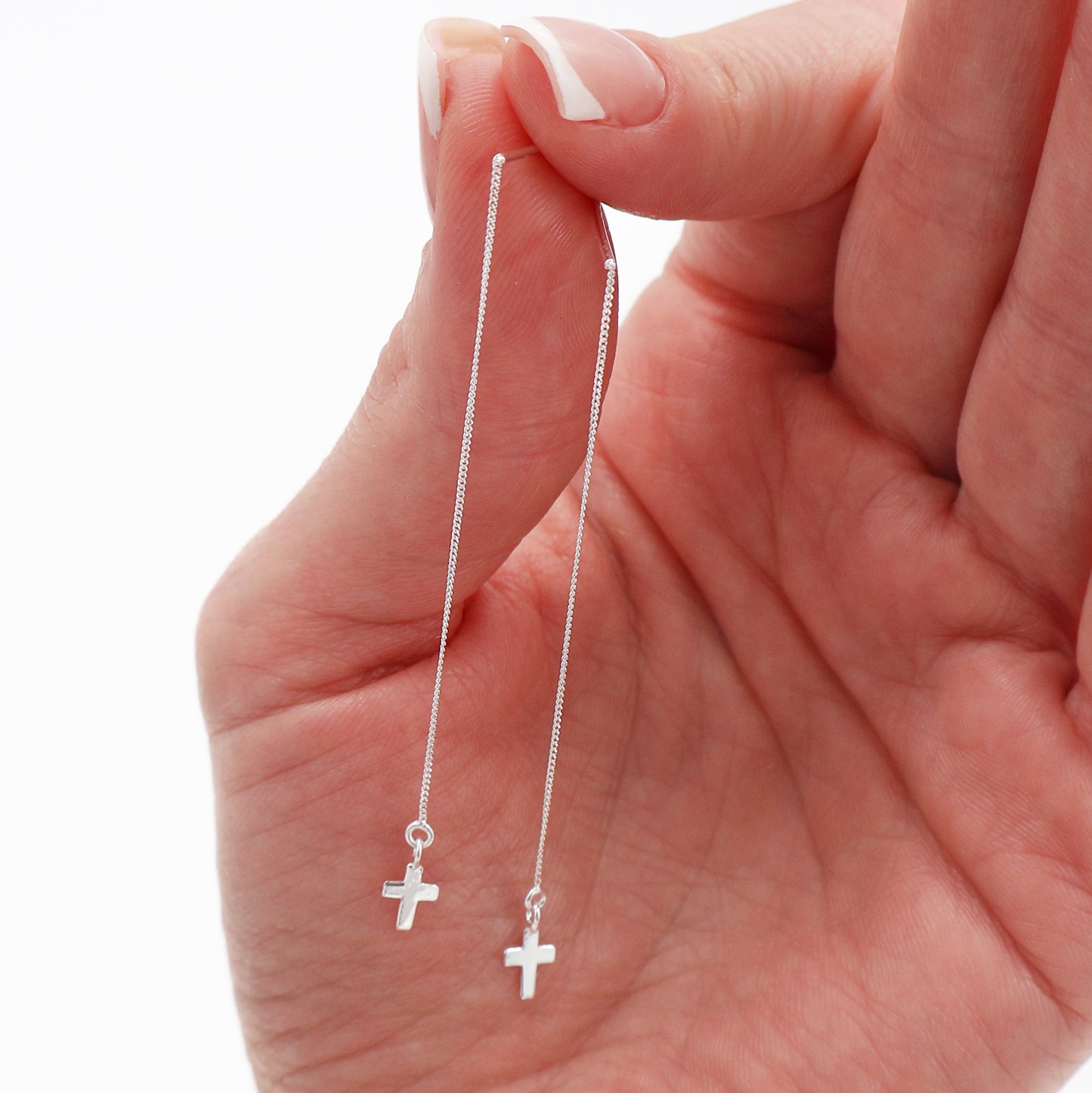 925 Sterling Silver Threader Earrings with Cross Charm