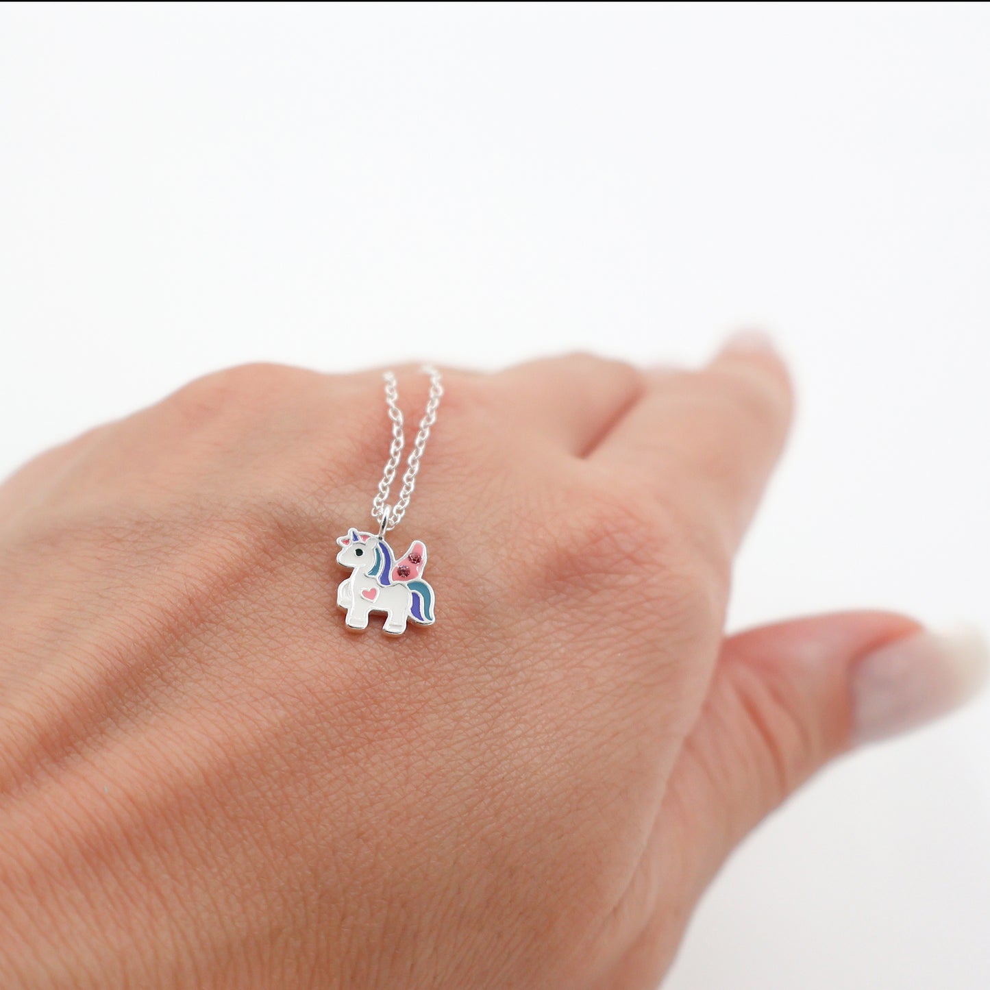 Sterling Silver Unicorn Necklace with Pink Sparkling crystals - for Kids