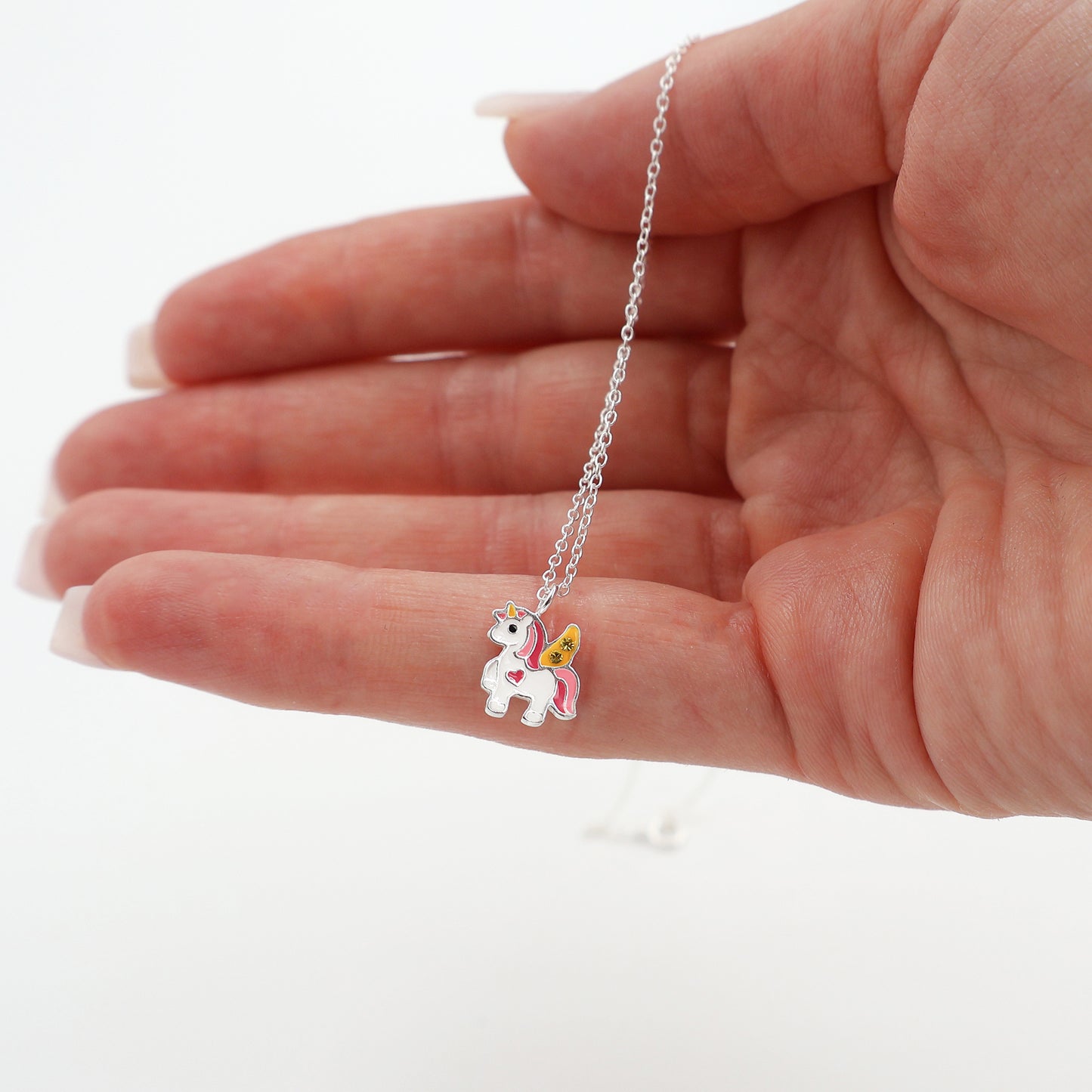 Sterling Silver Unicorn Necklace with Yellow Sparkling crystals - for Kids