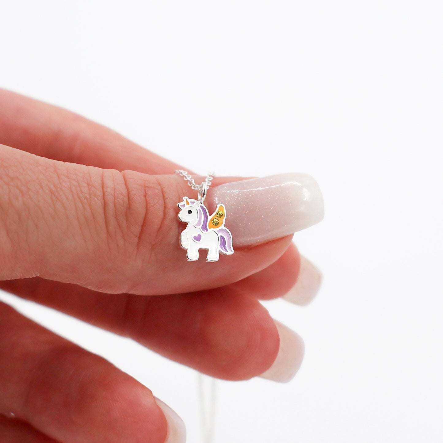 Sterling Silver Purple Unicorn Necklace with Yellow Sparkling crystals - for Kids