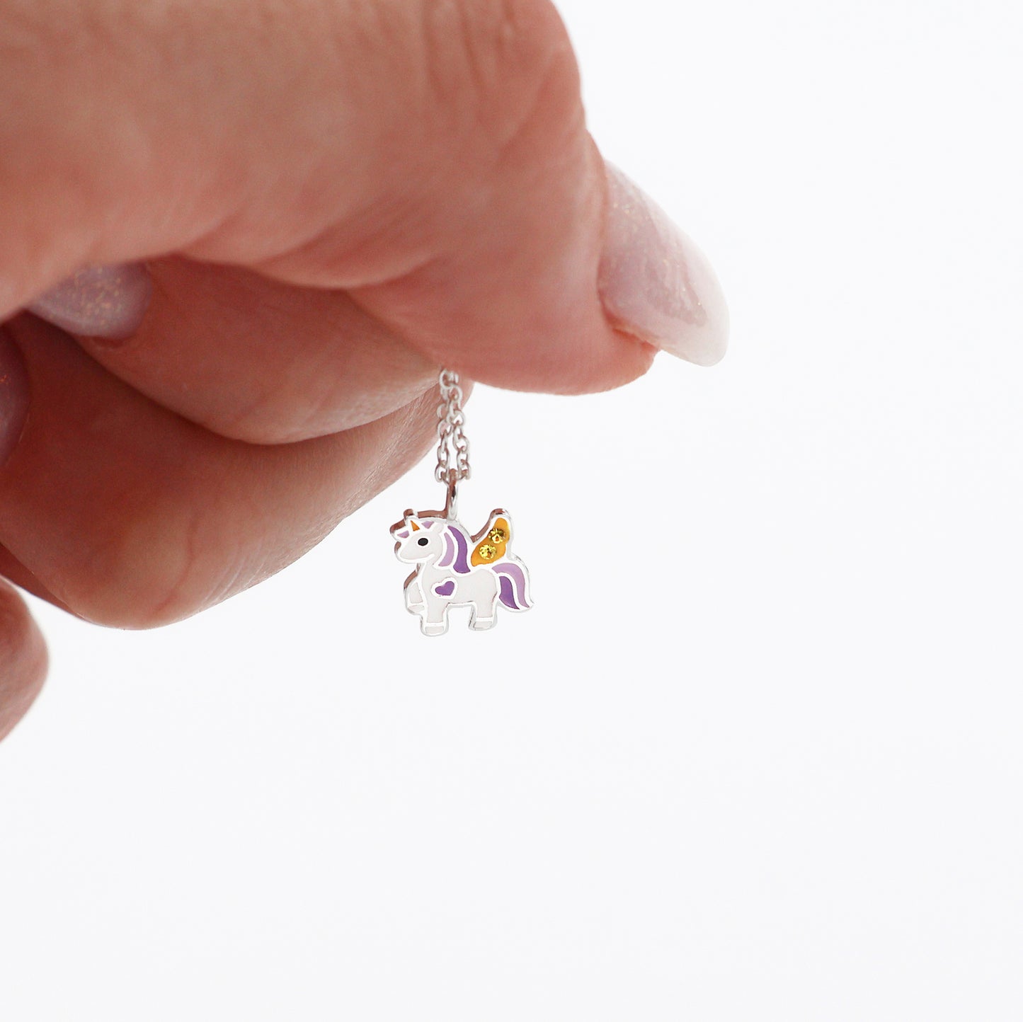 Sterling Silver Purple Unicorn Necklace with Yellow Sparkling crystals - for Kids