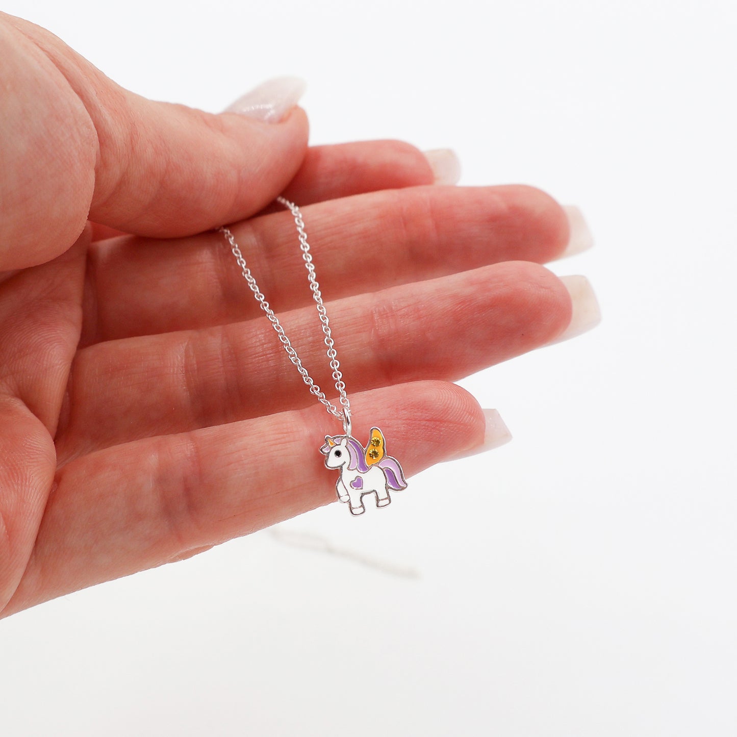 Sterling Silver Purple Unicorn Necklace with Yellow Sparkling crystals - for Kids