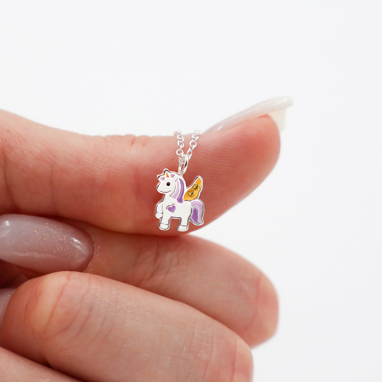 Sterling Silver Purple Unicorn Necklace with Yellow Sparkling crystals - for Kids