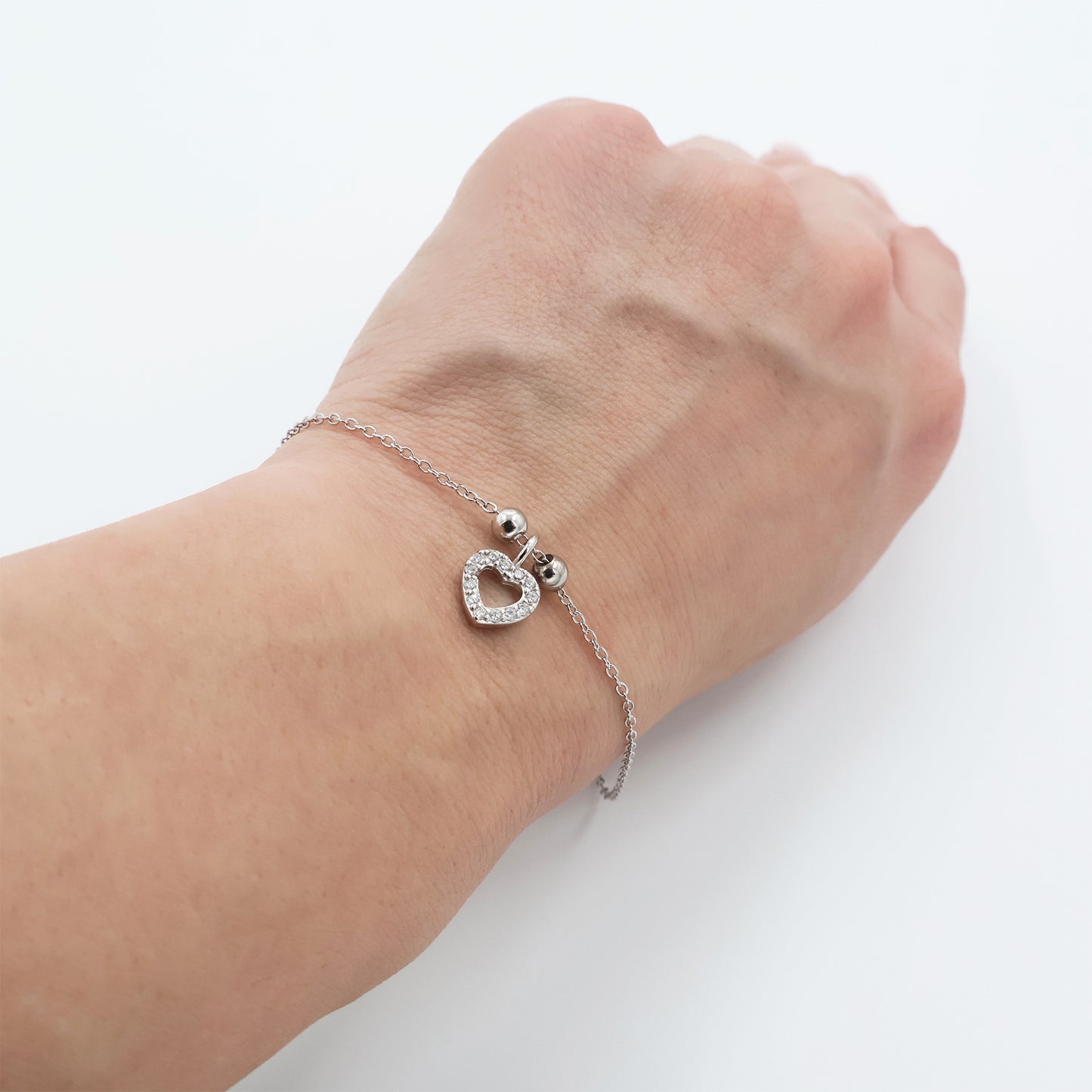 925 Sterling Silver bracelet with beads and heart with white zirconia