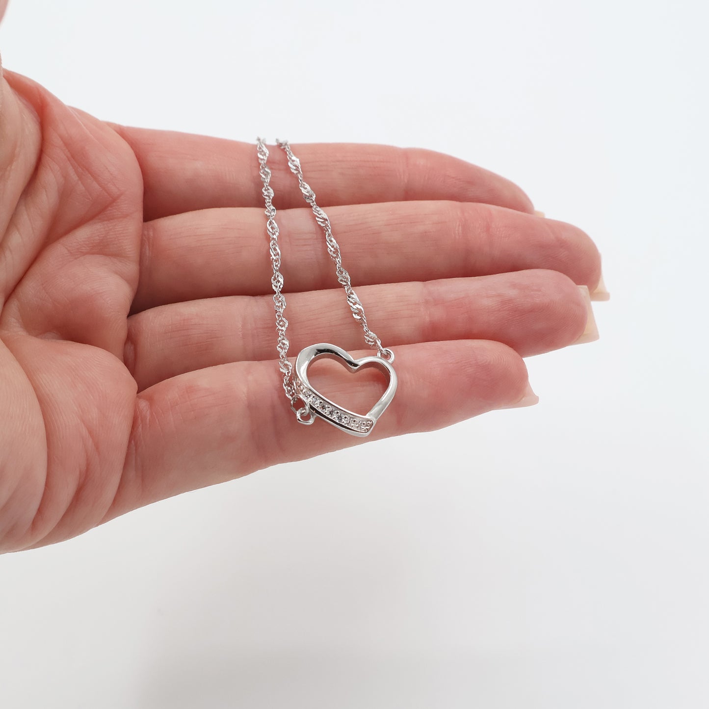 Brățară Inimă cu Lanț Singapore și Bandă din Zirconii Albe