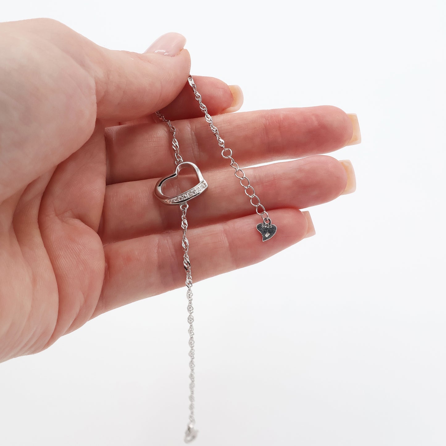 Brățară Inimă cu Lanț Singapore și Bandă din Zirconii Albe