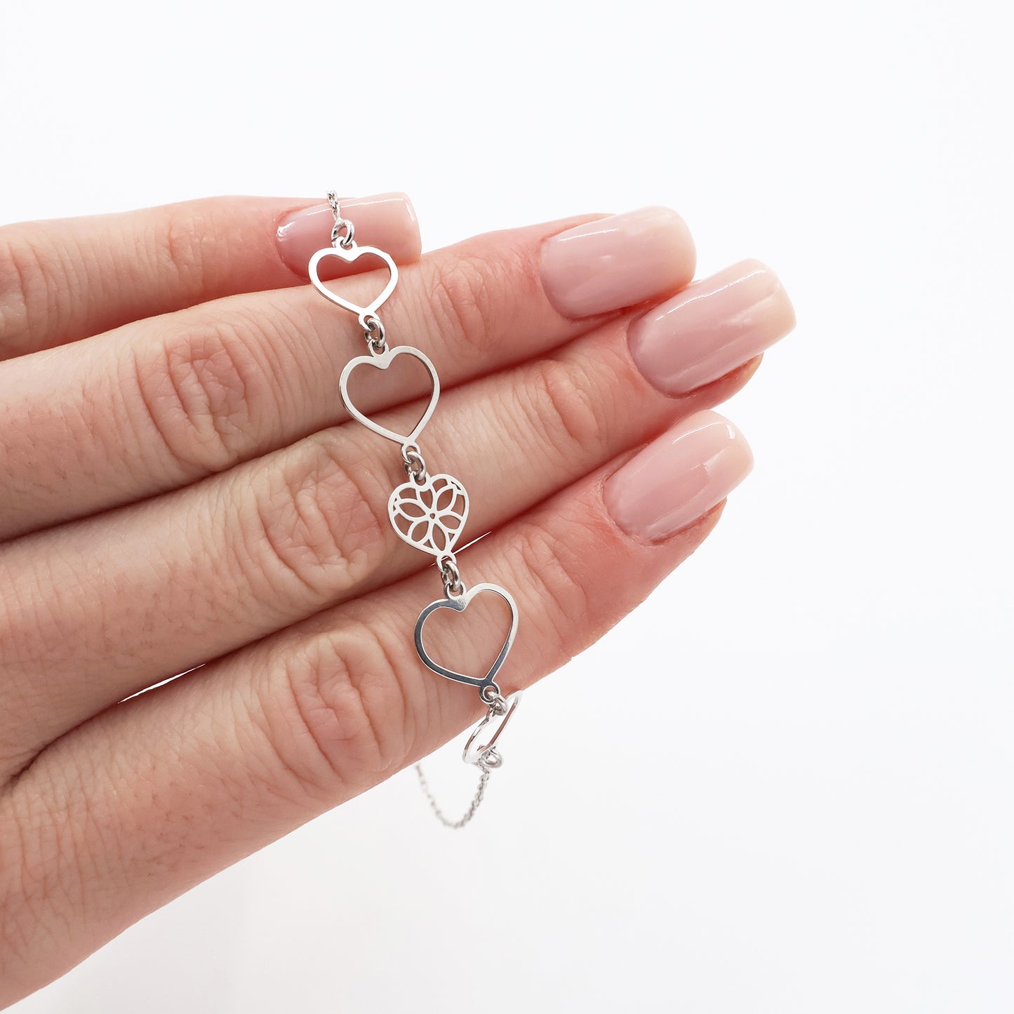 925 Sterling Silver Rhodium-Plated Anchor Bracelet with Five Open Hearts