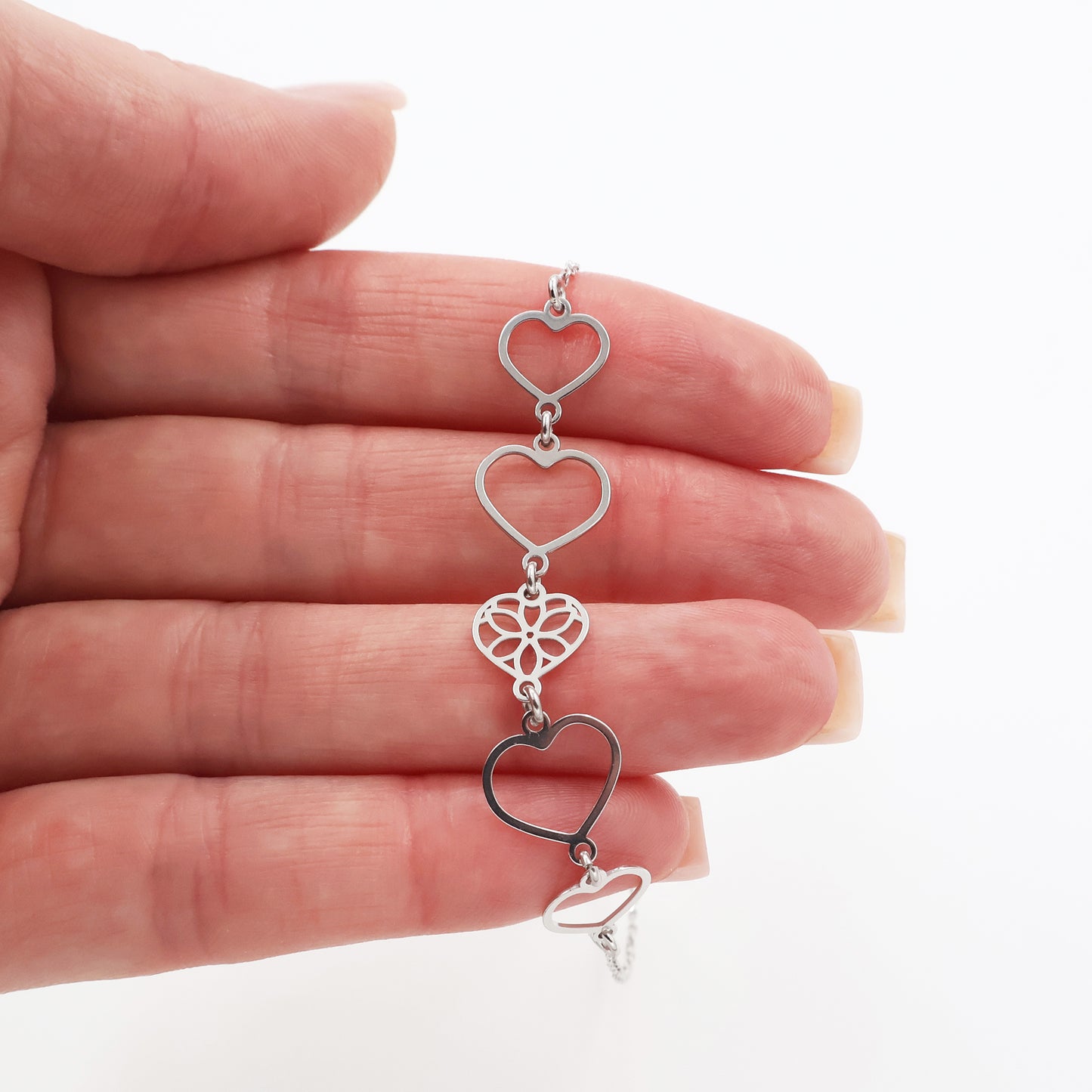 925 Sterling Silver Rhodium-Plated Anchor Bracelet with Five Open Hearts