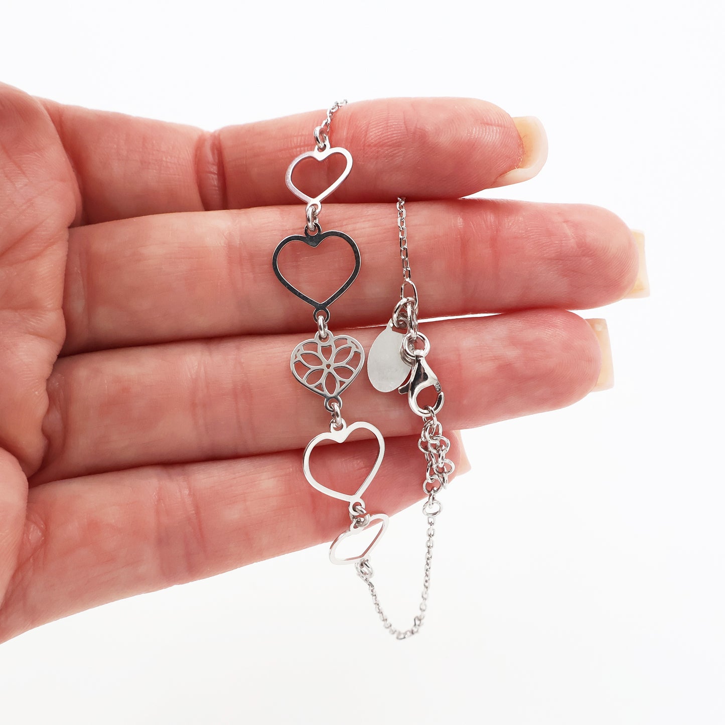 925 Sterling Silver Rhodium-Plated Anchor Bracelet with Five Open Hearts