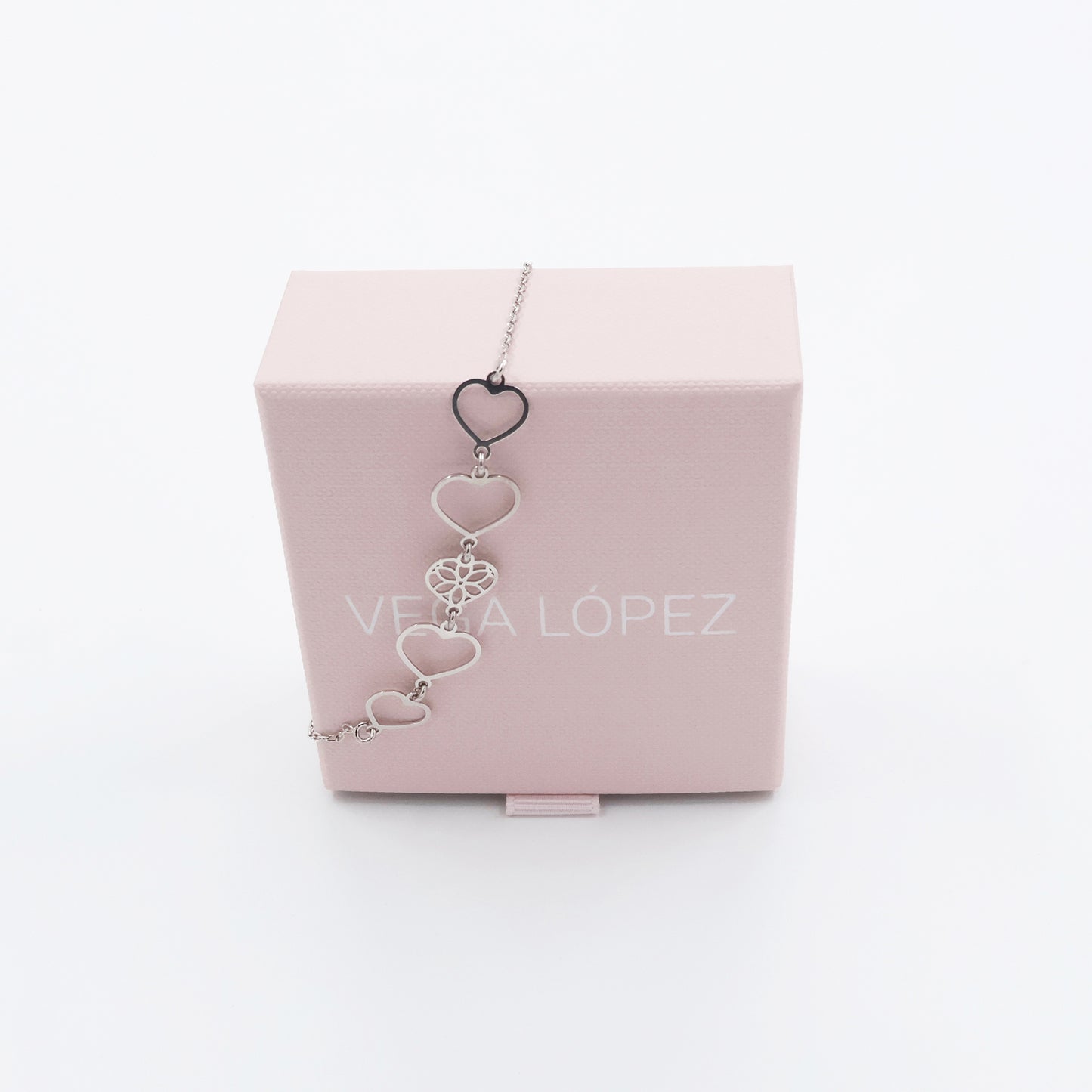 925 Sterling Silver Rhodium-Plated Anchor Bracelet with Five Open Hearts