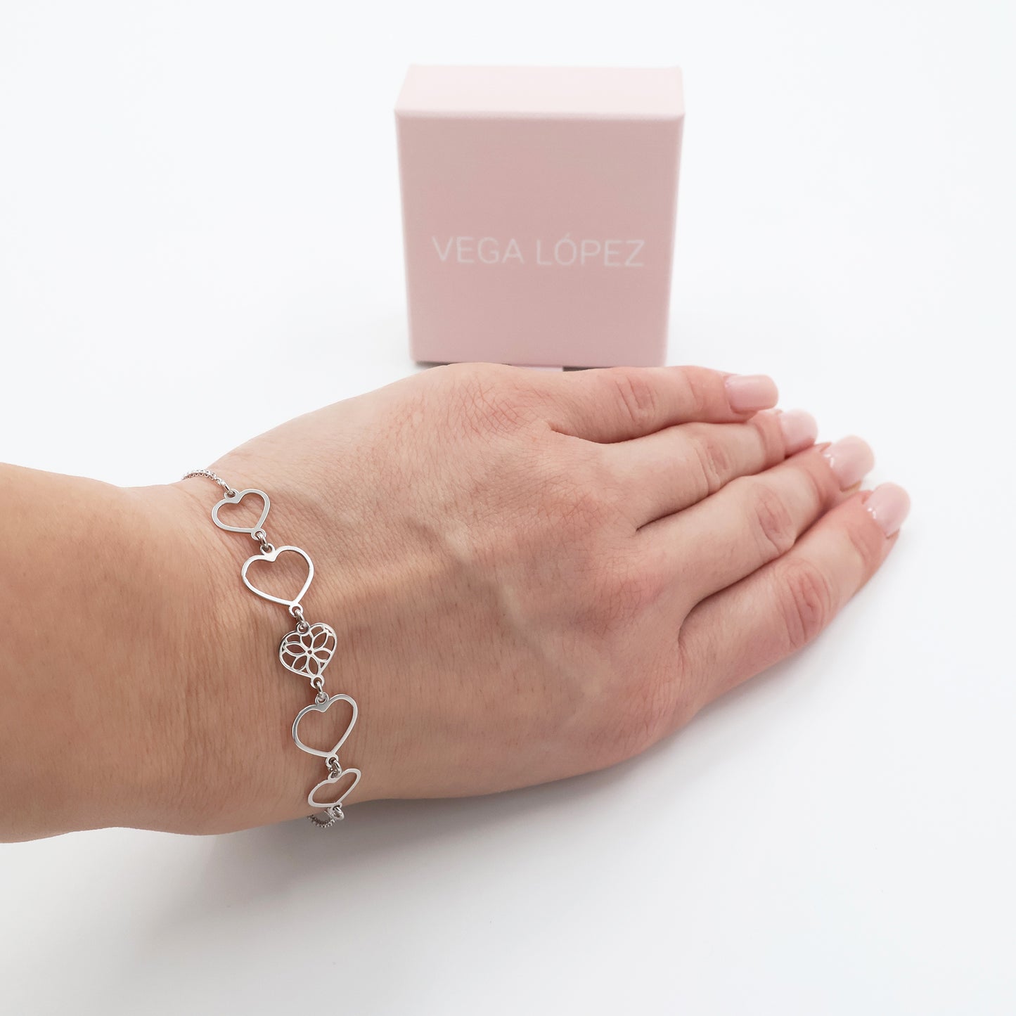 925 Sterling Silver Rhodium-Plated Anchor Bracelet with Five Open Hearts