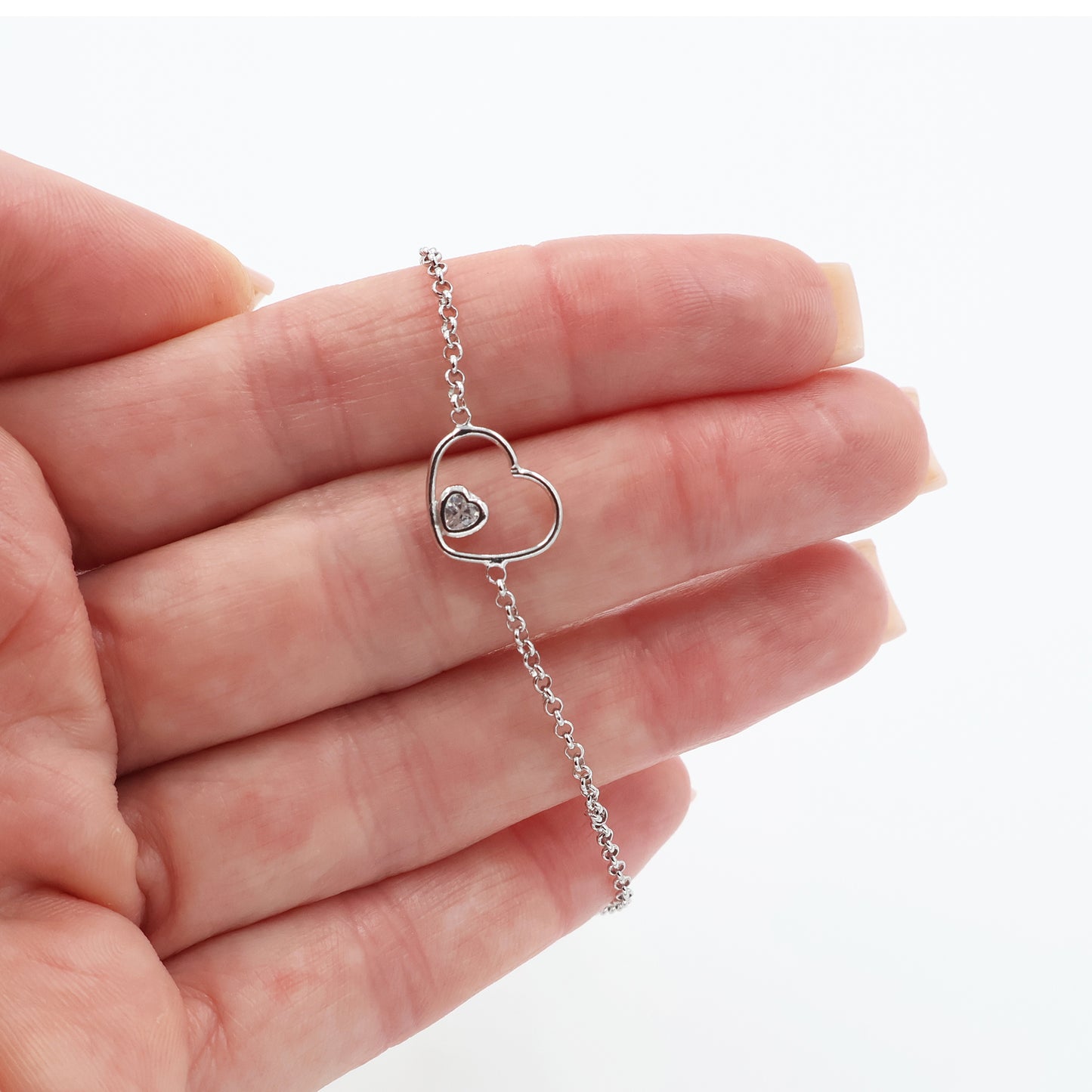 Rhodium-Plated 925 Sterling Silver Rollo Chain Bracelet with Heart and White Zirconia