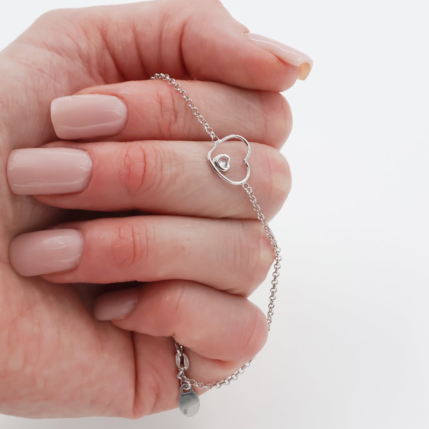 Rhodium-Plated 925 Sterling Silver Rollo Chain Bracelet with Heart and White Zirconia