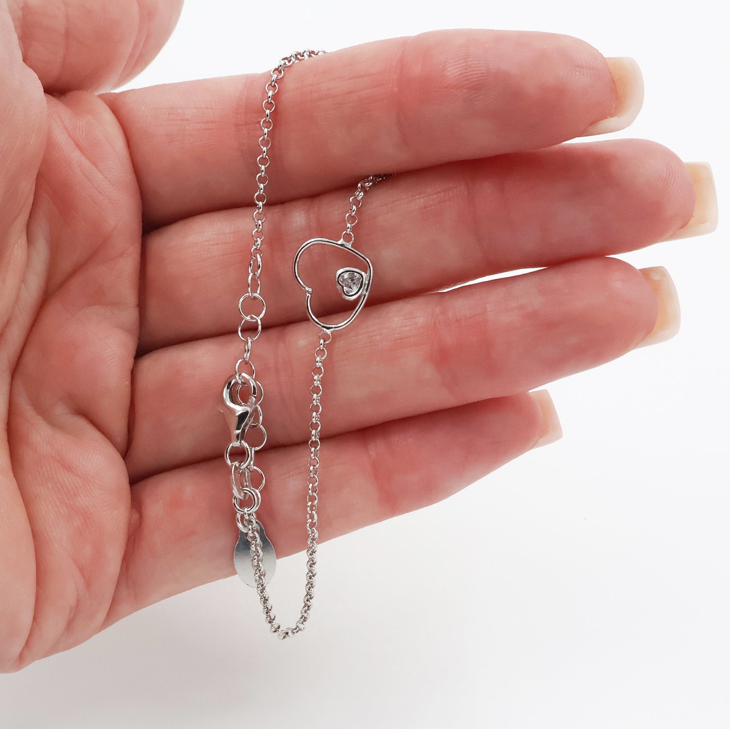 Rhodium-Plated 925 Sterling Silver Rollo Chain Bracelet with Heart and White Zirconia