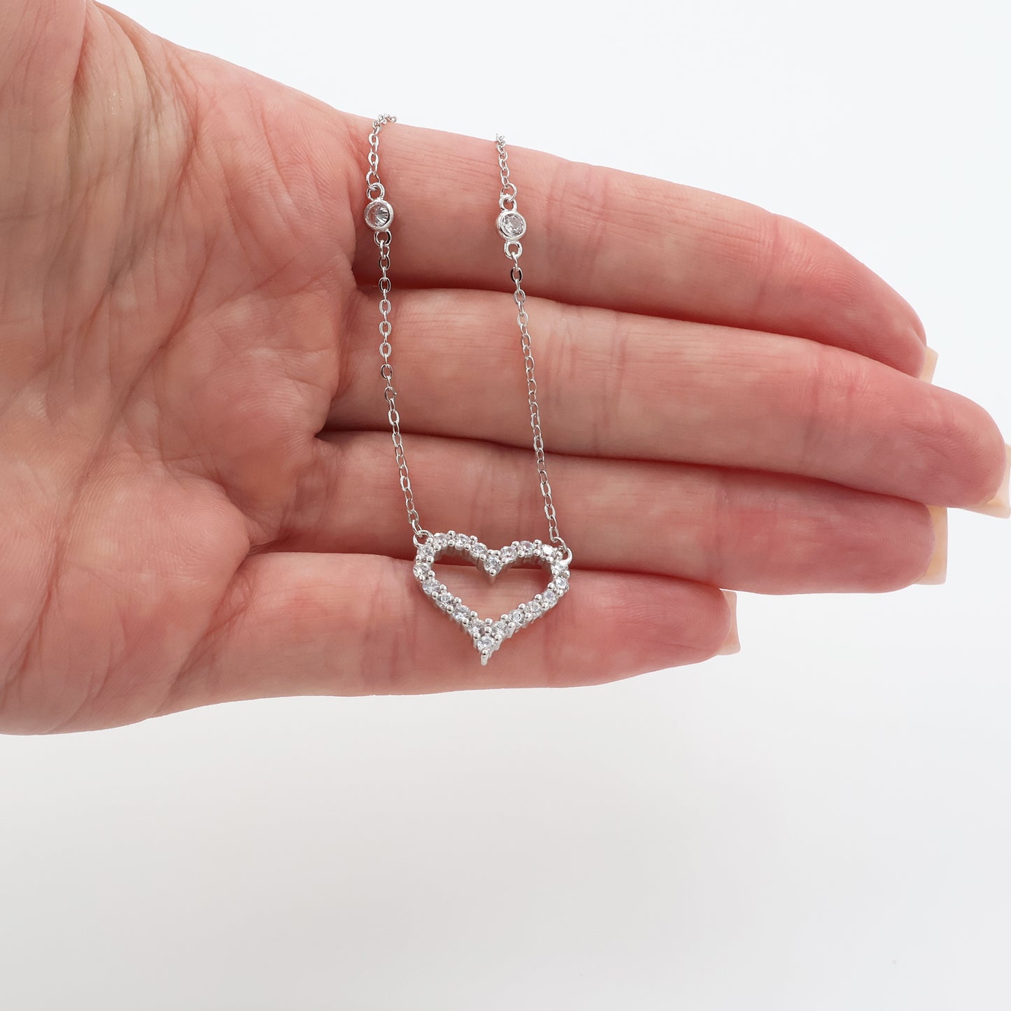 Elegant Rhodium-Plated Silver Necklace with Heart Pendant and Zircons