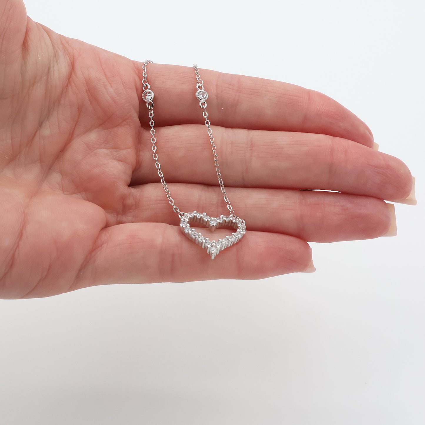 Elegant Rhodium-Plated Silver Necklace with Heart Pendant and Zircons