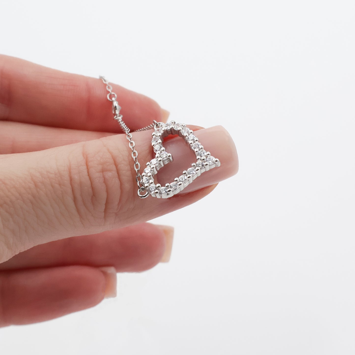 Elegant Rhodium-Plated Silver Necklace with Heart Pendant and Zircons