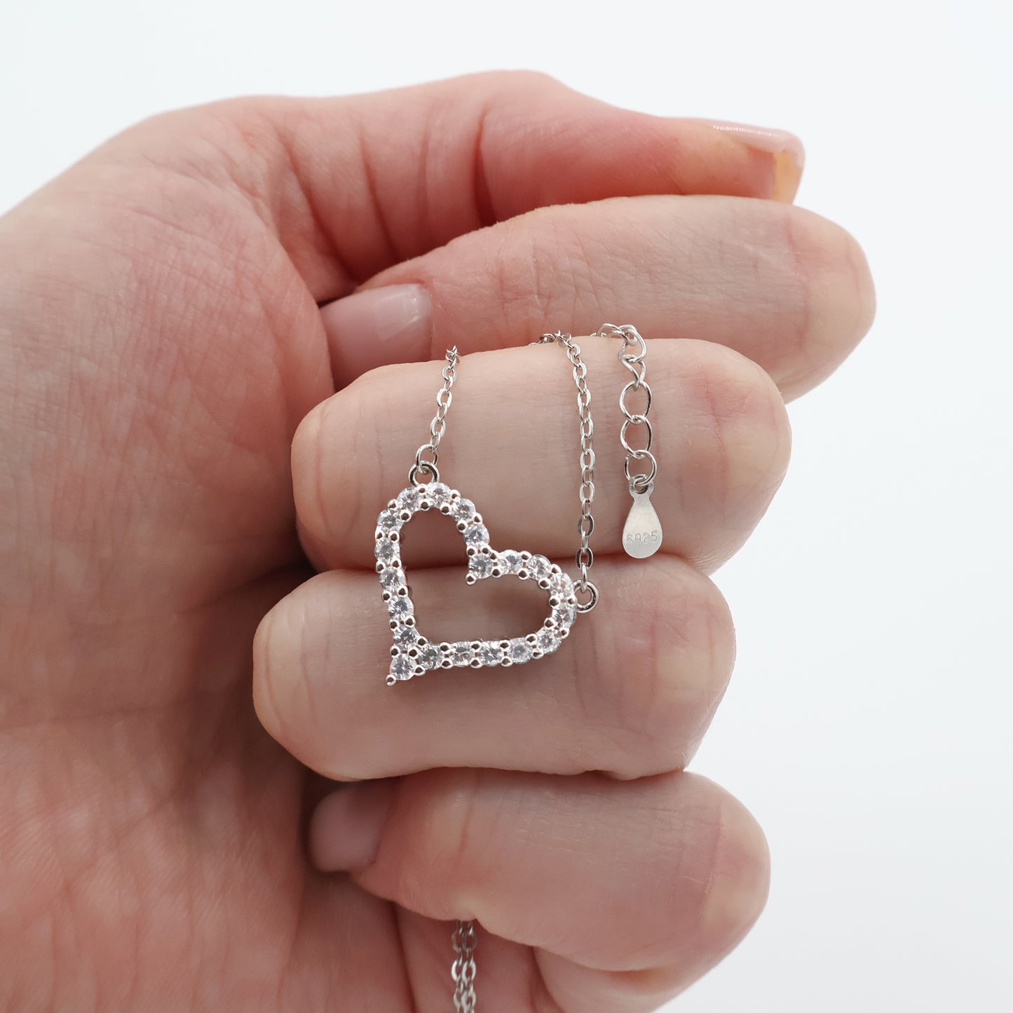 Elegant Rhodium-Plated Silver Necklace with Heart Pendant and Zircons