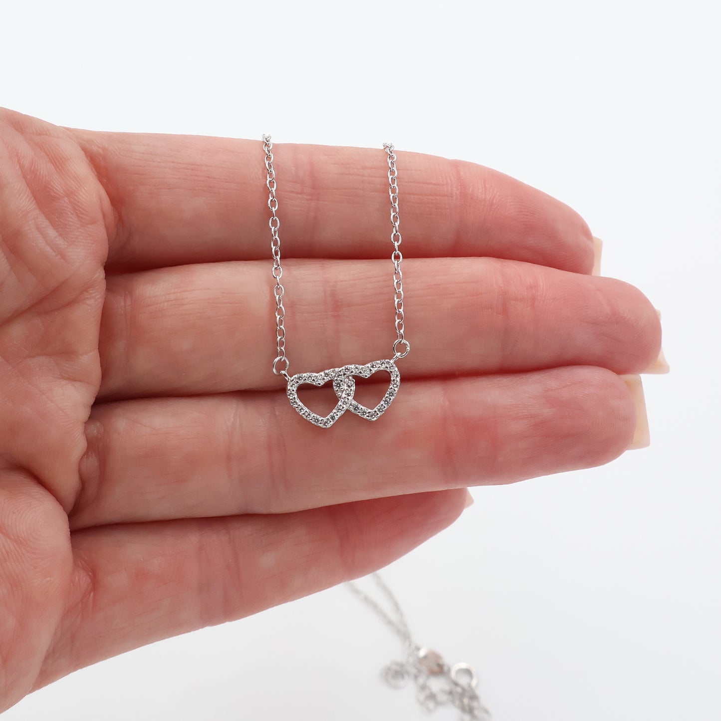 Silver 925 Rhodium-Plated Double-Heart Intertwined Necklace with Zircons