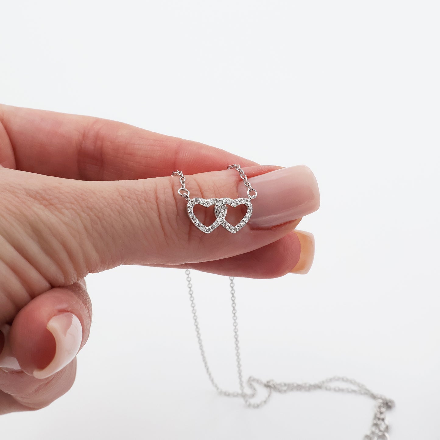 Silver 925 Rhodium-Plated Double-Heart Intertwined Necklace with Zircons