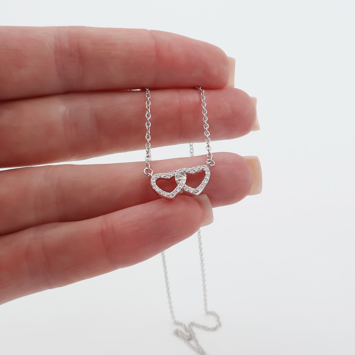 Silver 925 Rhodium-Plated Double-Heart Intertwined Necklace with Zircons