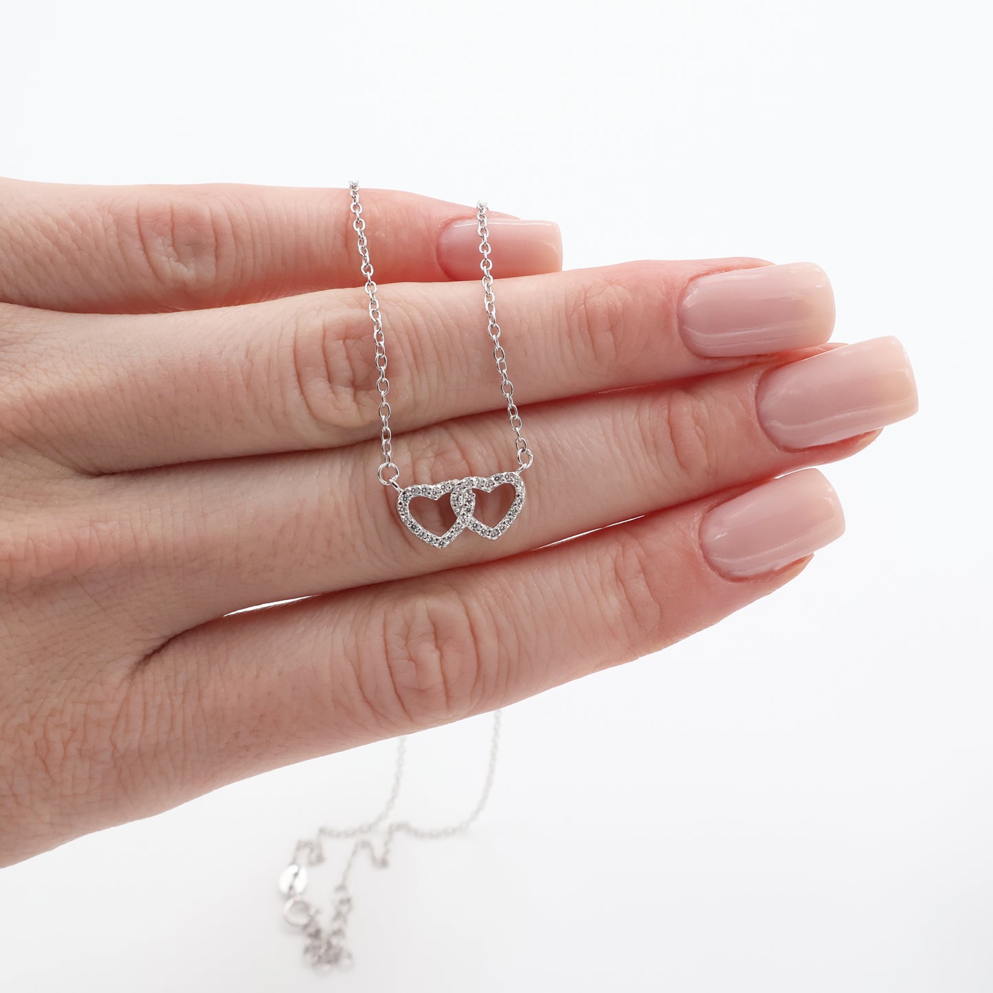 Silver 925 Rhodium-Plated Double-Heart Intertwined Necklace with Zircons