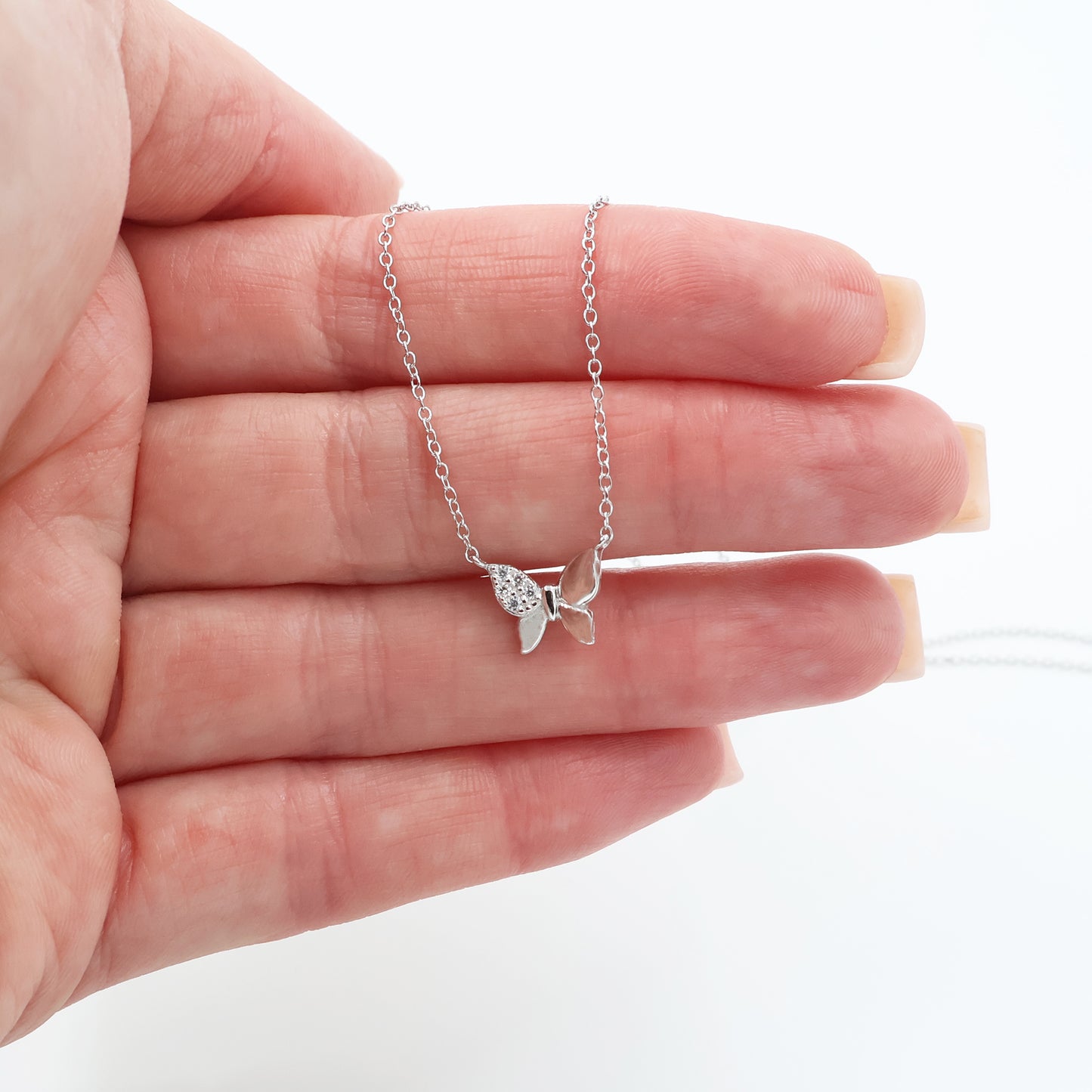 Rhodium-Plated 925 Silver Butterfly Necklace with White Zirconia