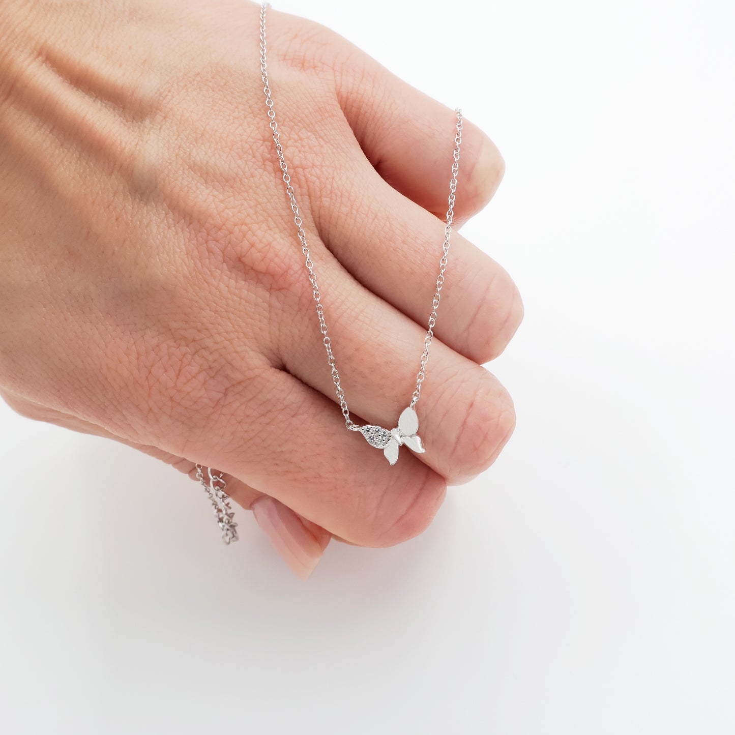 Rhodium-Plated 925 Silver Butterfly Necklace with White Zirconia