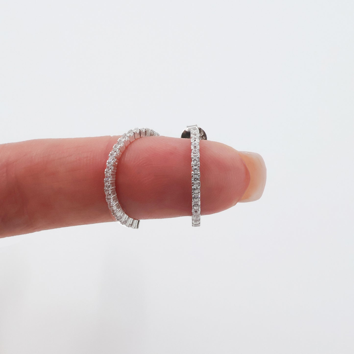 925 Sterling Silver Rhodium Plated Half Circle Earrings with 24 White Zirconia