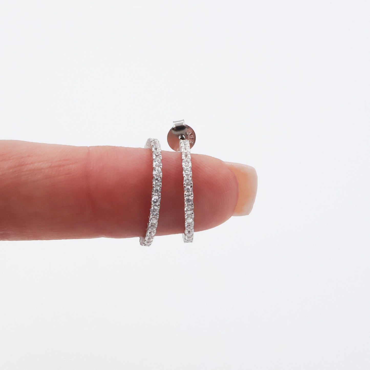 925 Sterling Silver Rhodium Plated Half Circle Earrings with 24 White Zirconia