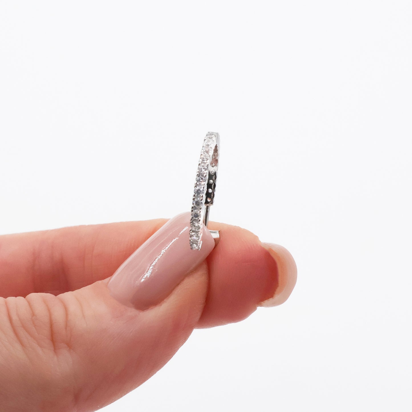 925 Sterling Silver Rhodium Plated Half Circle Earrings with 24 White Zirconia