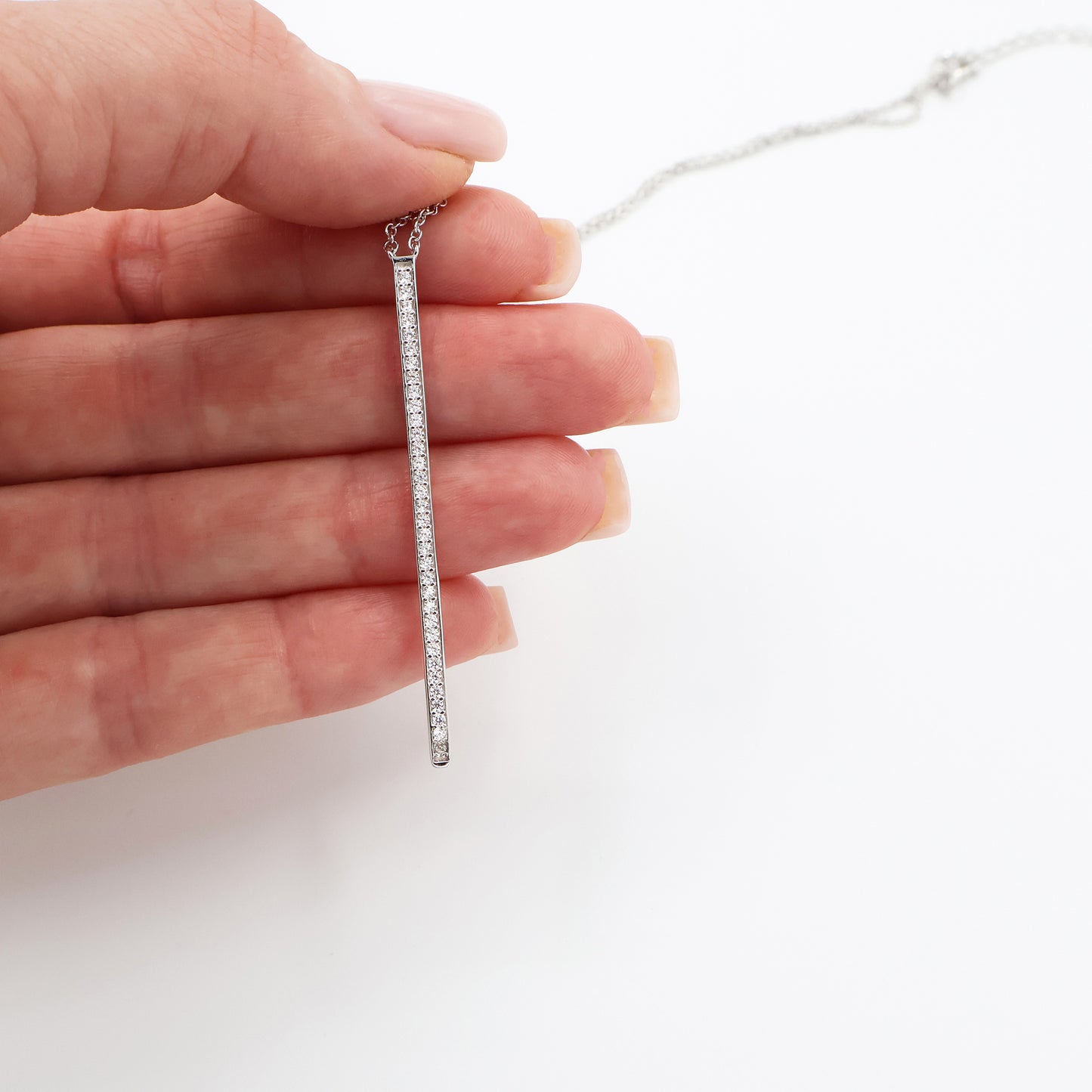 925 Sterling Silver Rhodium Plated Necklace with White Rhinestones, Vertical Bar Pendan