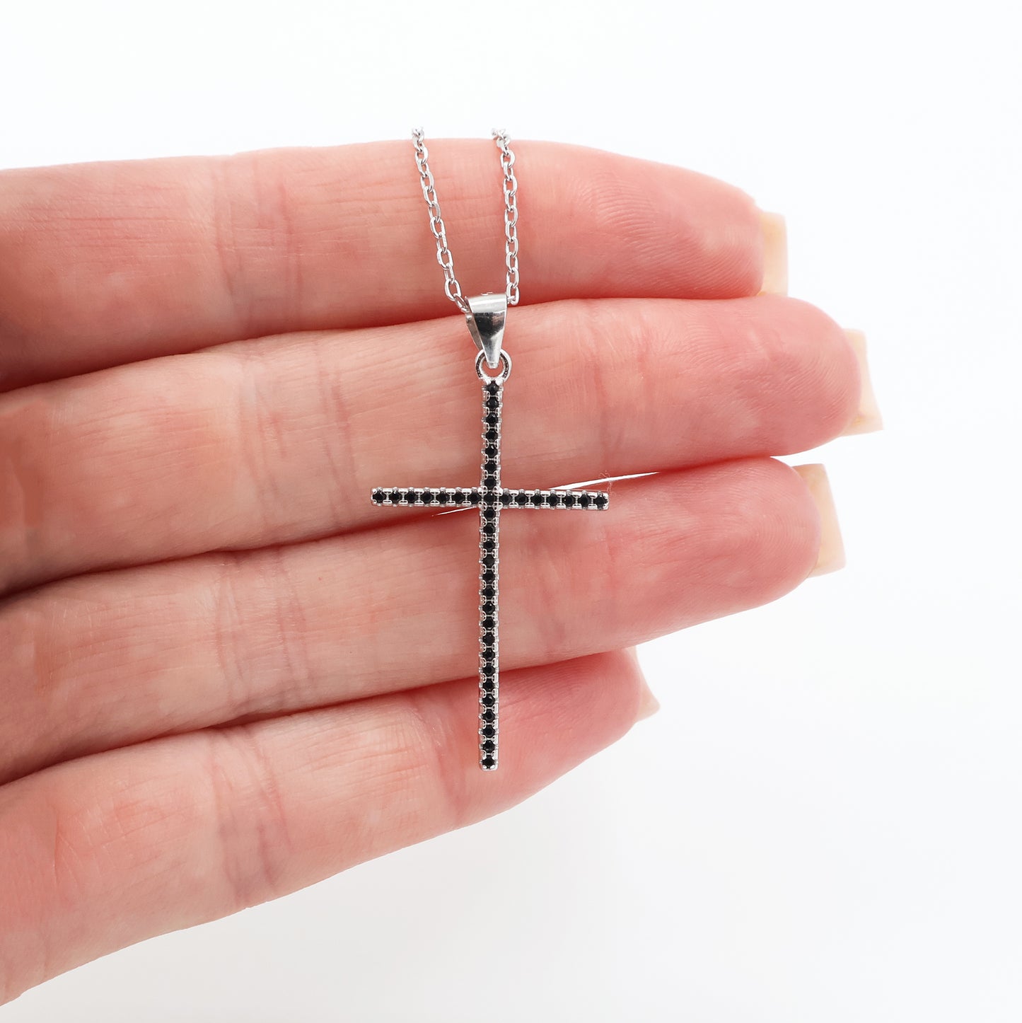 925 Sterling Silver Rhodium Plated Cross Pendant with Black Zirconia