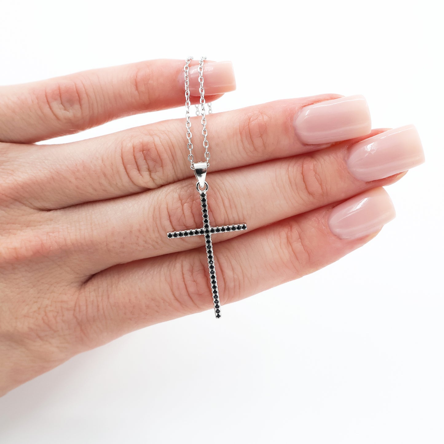 925 Sterling Silver Rhodium Plated Cross Pendant with Black Zirconia