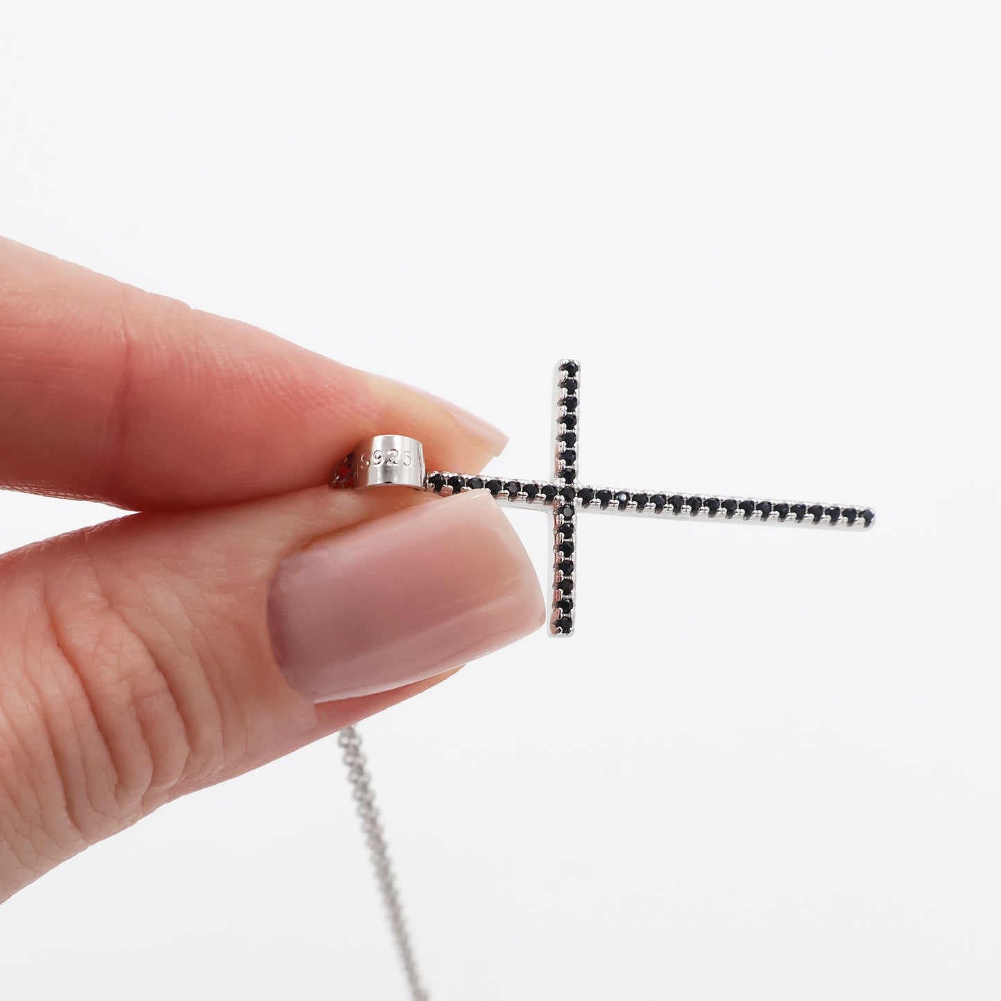 925 Sterling Silver Rhodium Plated Cross Pendant with Black Zirconia