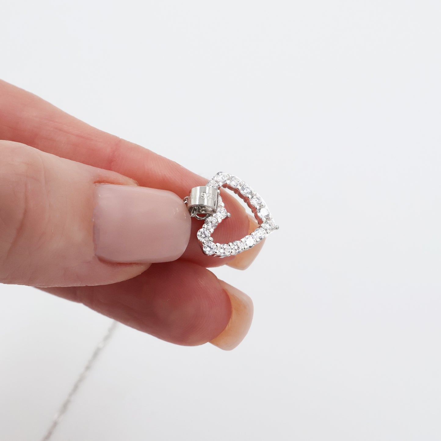 Rhodium Plated 925 Sterling Silver Heart Pendant Necklace with White Zirconia