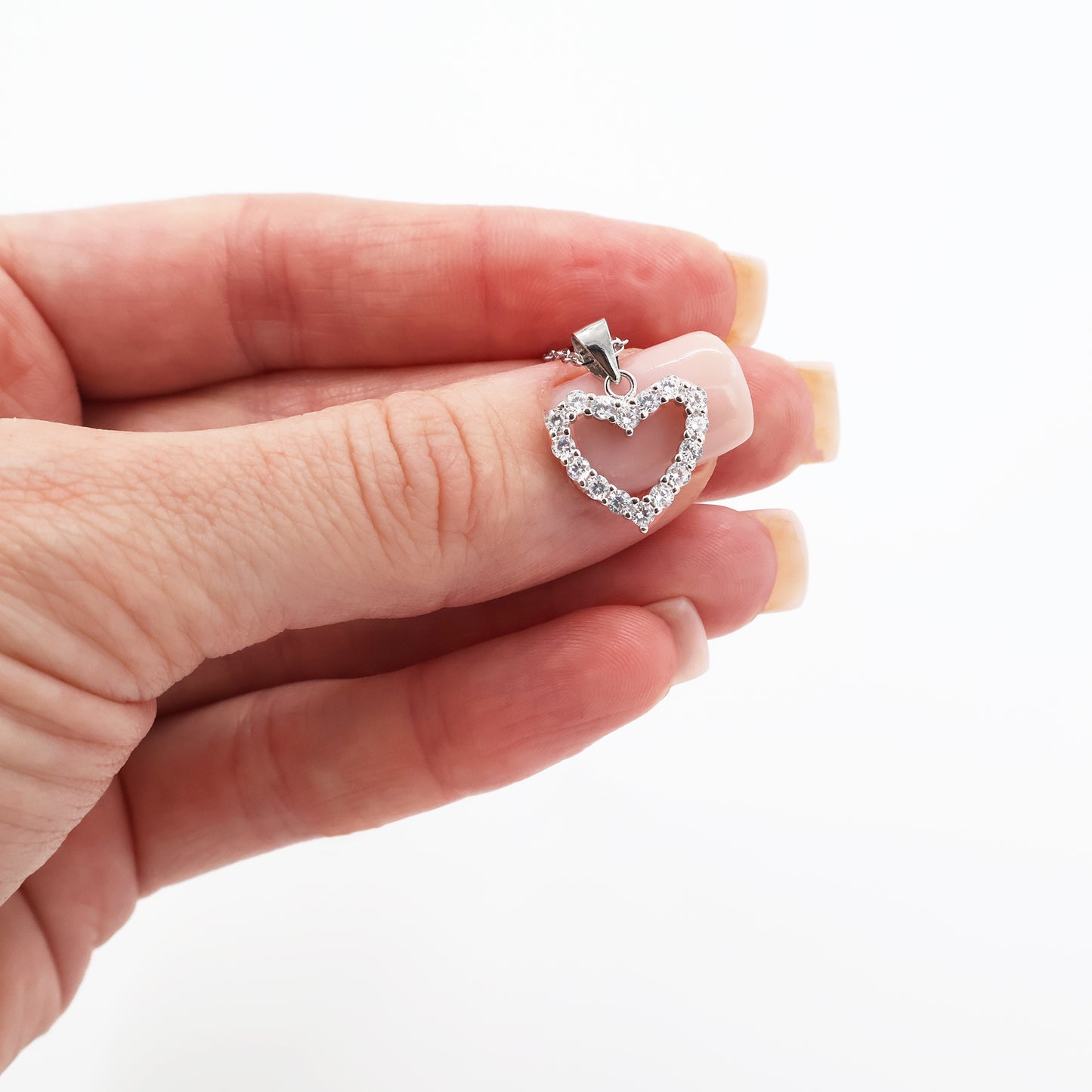 Rhodium Plated 925 Sterling Silver Heart Pendant Necklace with White Zirconia