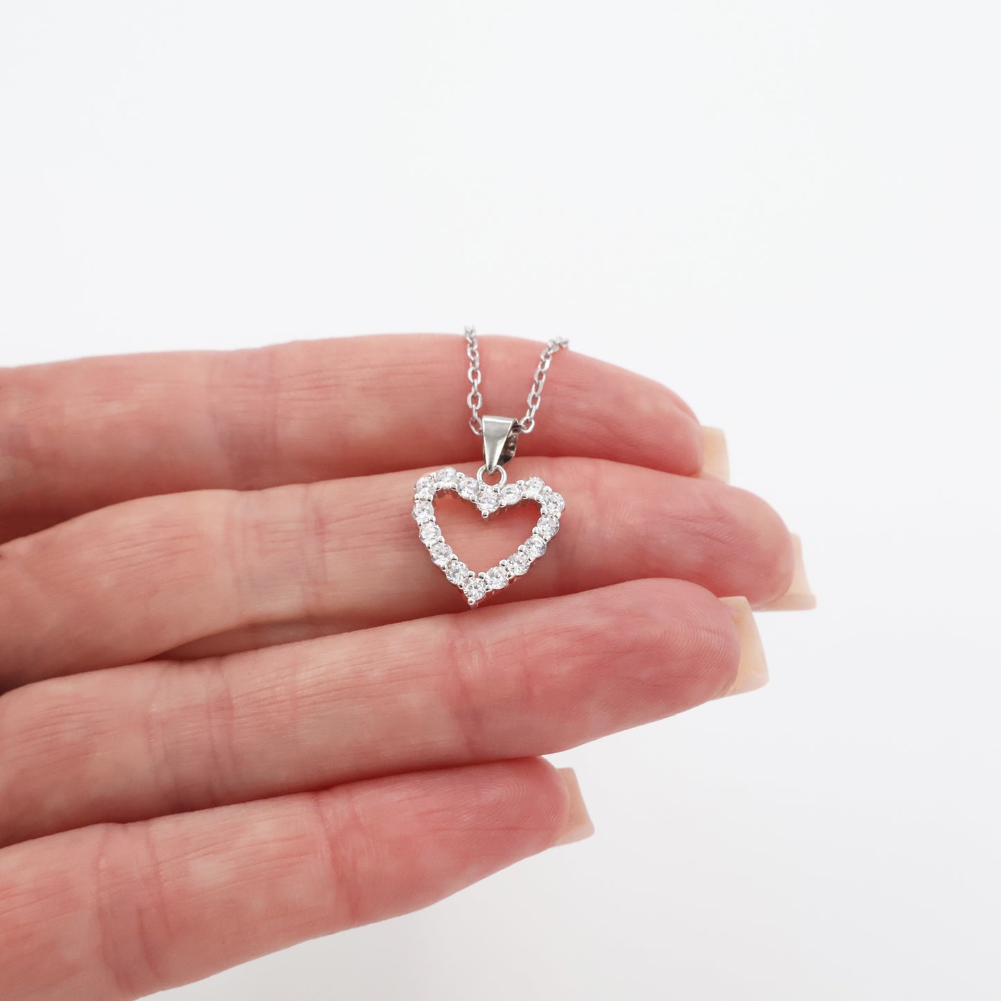 Rhodium Plated 925 Sterling Silver Heart Pendant Necklace with White Zirconia