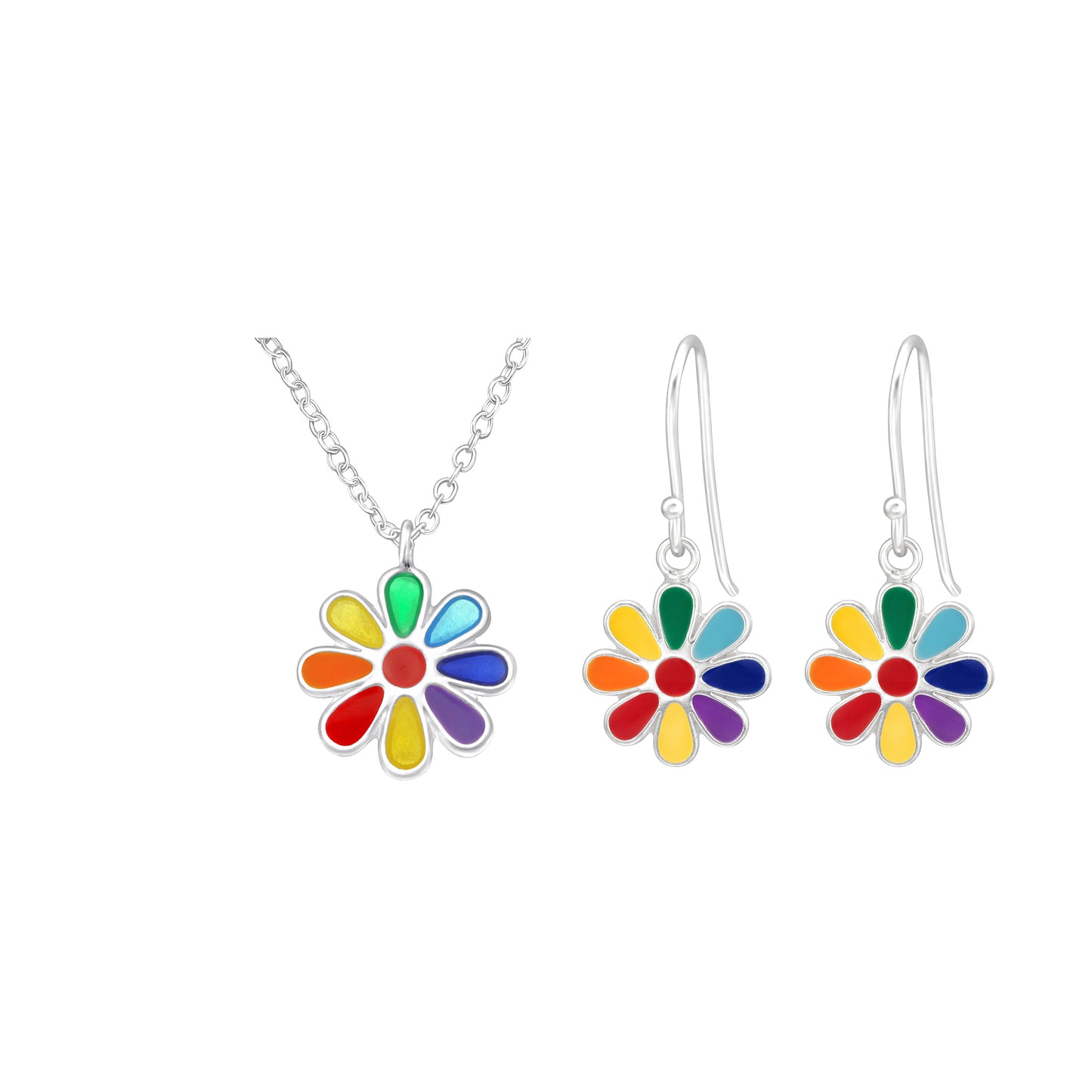 Sterling Silver Jewelry Set - Multicolor Petal Flower Necklace & Earring