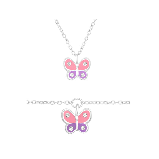 Sterling Silver Butterfly 4 zirconia set for kids – Bracelet and necklace