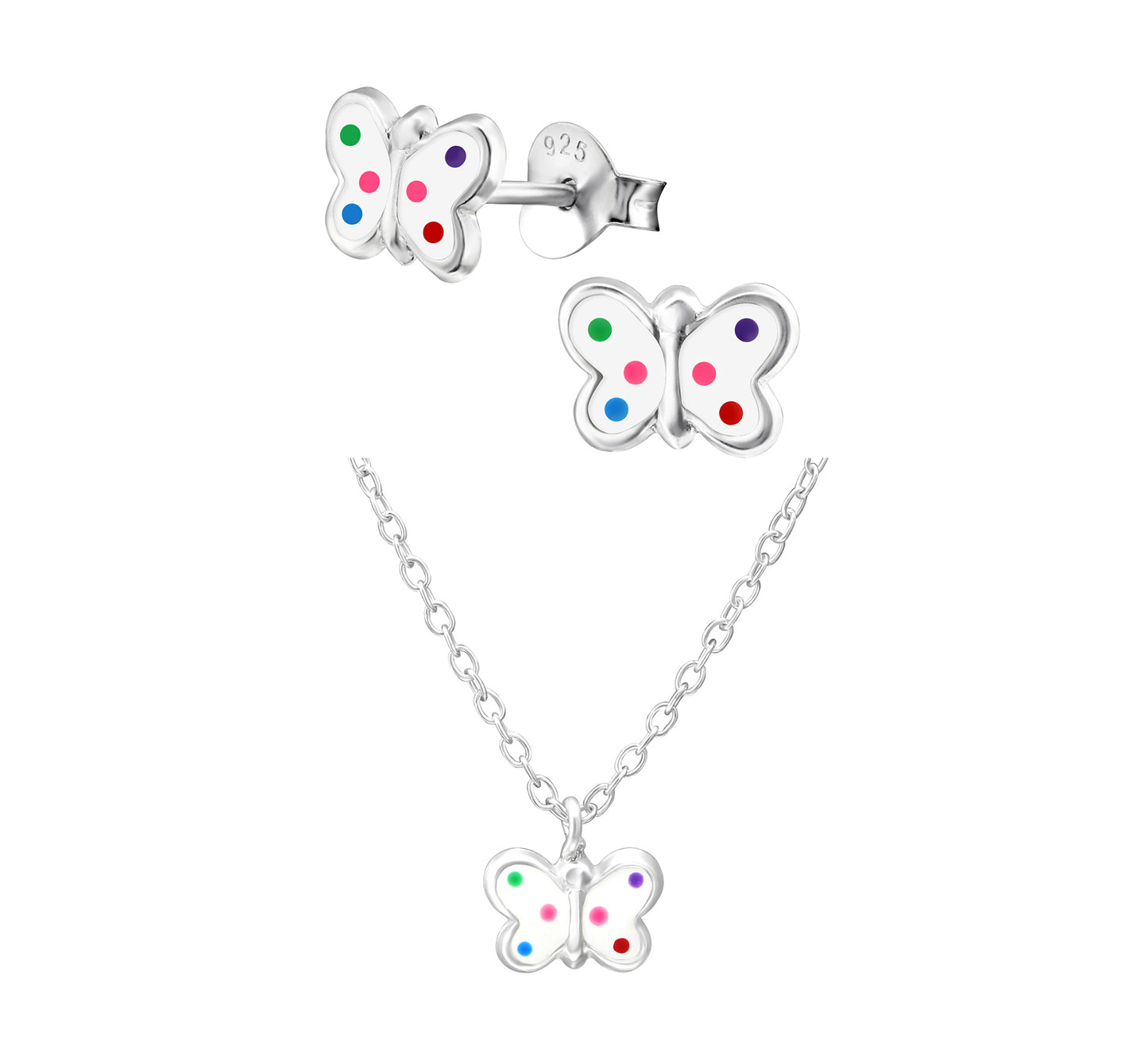 Sterling Silver Jewelry Set - Necklace and Stud Earrings White Butterfly Pendant