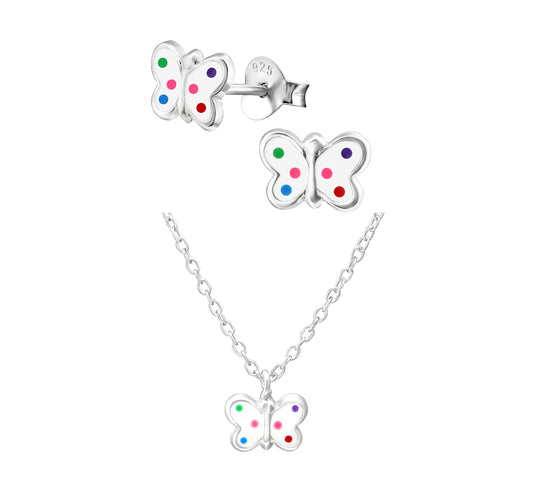 Sterling Silver Jewelry Set - Necklace and Stud Earrings White Butterfly Pendant
