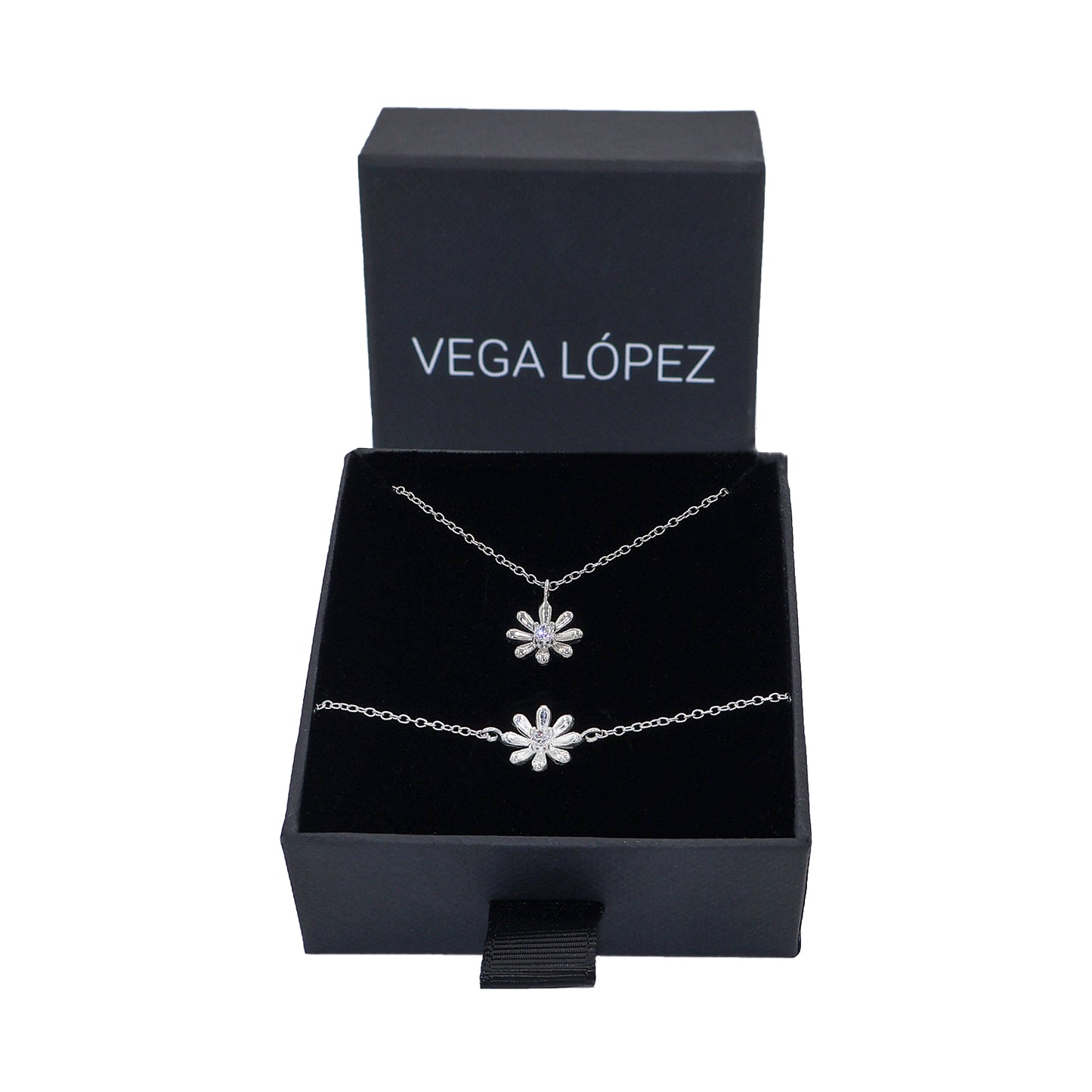 Flower Pendant Necklace & Bracelet Set with Central Zirconia