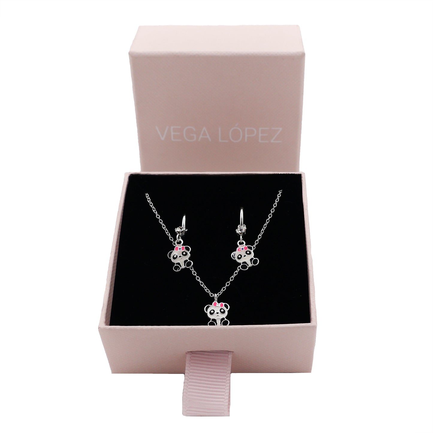 Children’s 925 Sterling Silver Jewelry Set with Panda – Necklace and Earrings with Pink Bow and Crystals, Adorable Design